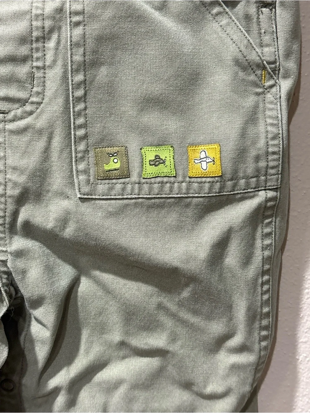 Gymboree Army green overalls with transportation patches